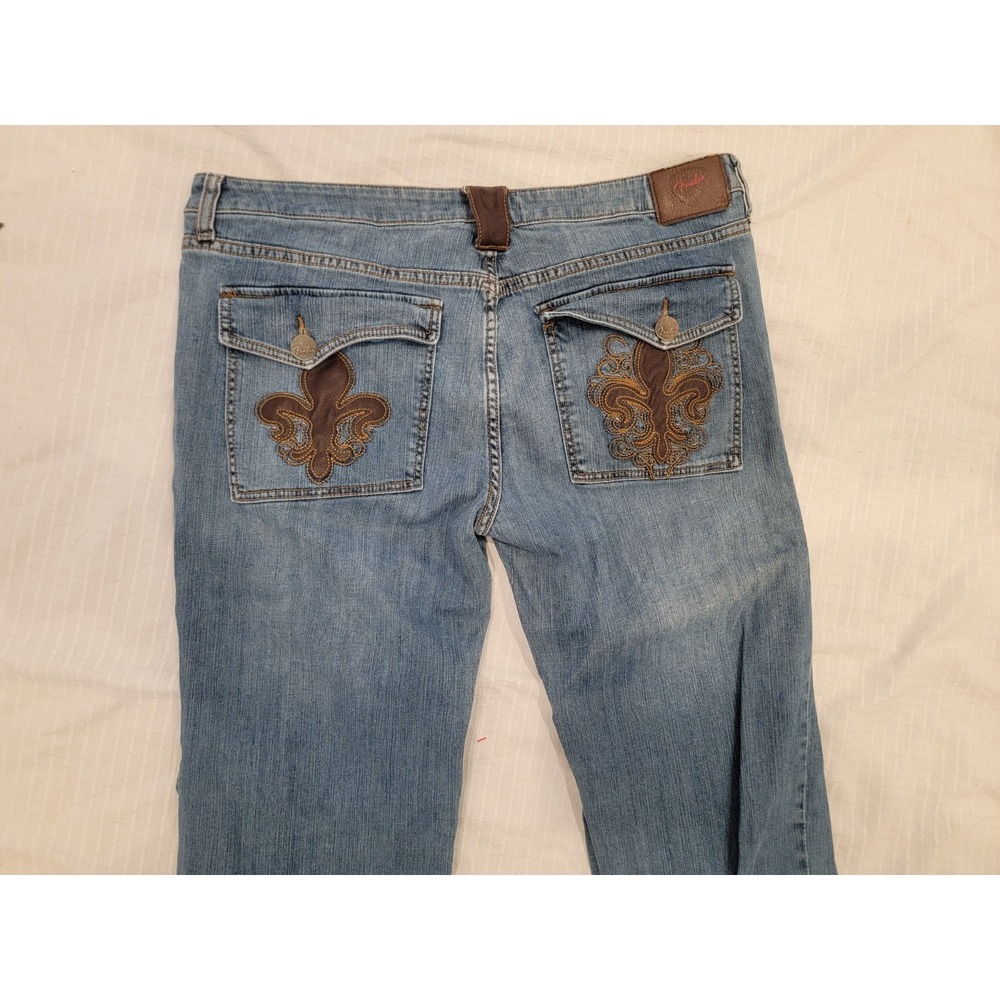 Fender Guitar Y2K Jeans Mens 36x32 Faux Leather Accents, Medium Wash Vintage 00s